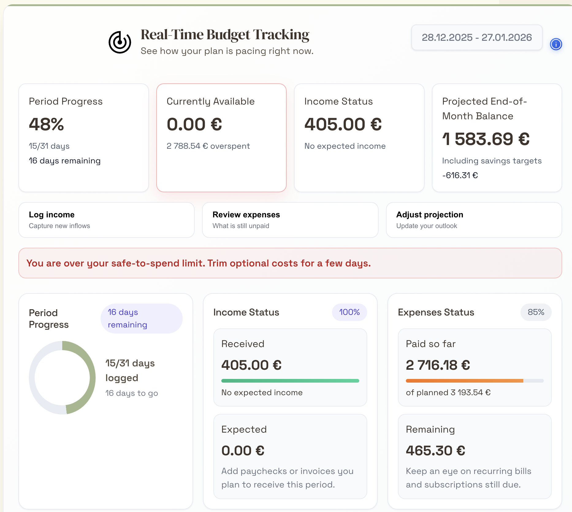 Budgyfy app screenshot showing real-time budget tracking interface